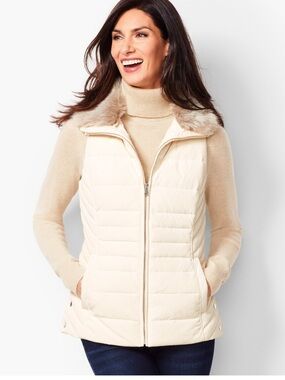 Talbots Down Ivory Quilted Down Vest with Faux-Fur Collar